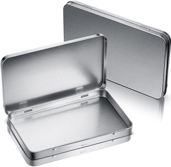 Rectangular Metal Tin Box with Hinged Lid, Empty Storage Container for Crafts and Small Items, Silver, 7 x 4.2 x 0.6 Inches, 2-Pack