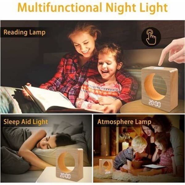 Solid Wood (Beech) Digital LED Alarm Clock with Night Light, 3 Alarm Settings, Temperature Detection