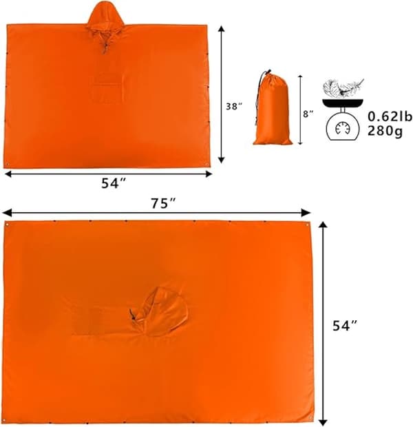 Regnrock - Poncho - lättvikt - med huva - för vandring, camping, utomhus - orange