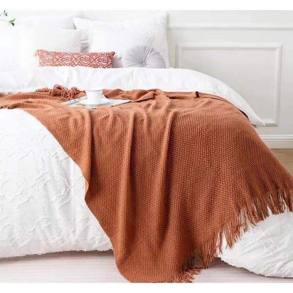 Frynset tæppe til sofa 130x180 cm Åndbart Blødt Vævet Plaid Brun Rød Efterårstæppe til Kontor Stue Soveværelse