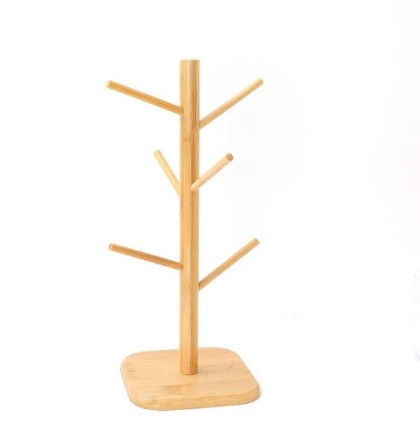 Coffee Mug Holder Bamboo - 6 Hooks - Space Saving - Stable - For Kitchen Counter or Coffee Bar