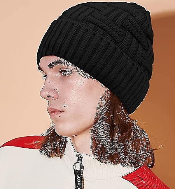 Strikket Hat Herrer Vinterhue Varm Beanie Hat Med Fleece Foring Sort