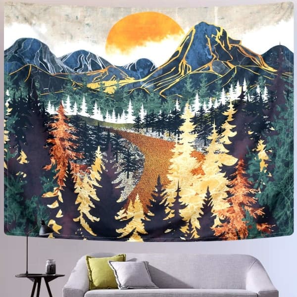 Mountain Tapestry Wall Hanging Forest Trees Art Tapestry Sunset T 150*100cm