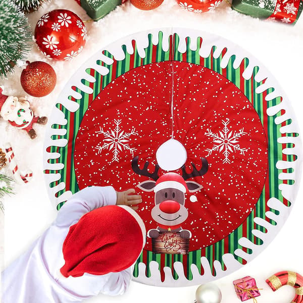 1 pc 78 cm red Christmas tree mat, Christmas tree with reindeer pattern