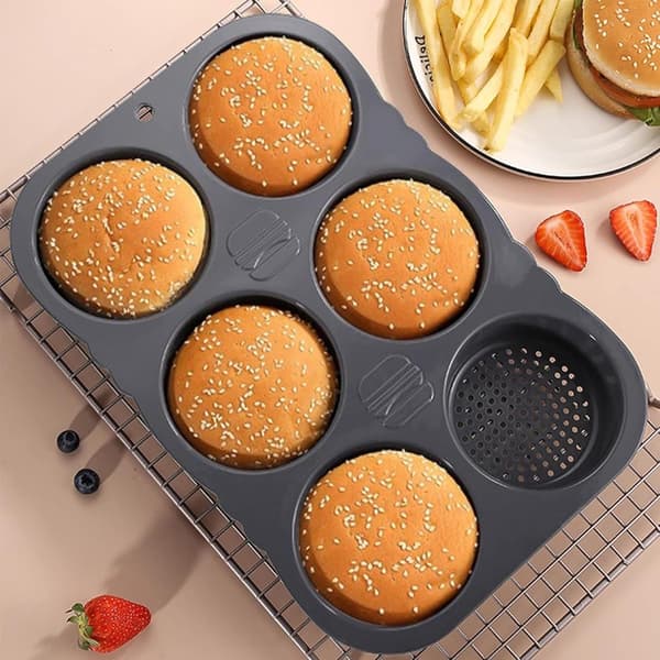 34 cm Silikoneform - Hamburgerboller - Non-stick - Varmebestandig - Form - 6 Huller - Bageplade - Hamburgere - Sort