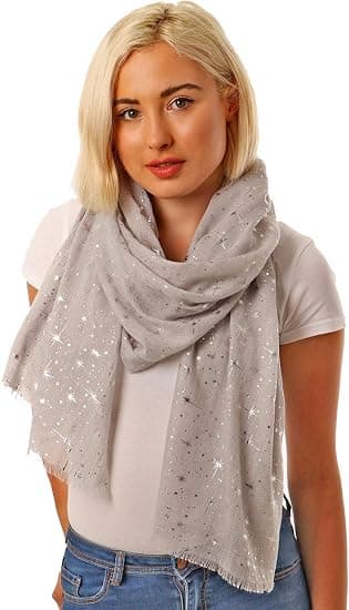 Kveldsstjerne Glitter Skjerf for Kvinner Lett Sjal Bryllup Folie Trykt Skjerf Wrap Stjerner og Måner, Lysegrå Skjerf Med Sølvstjerner