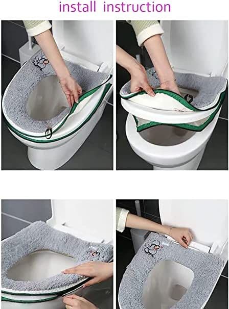 Warm Plush Washable Thick Toilet Seat Cover Mat with Handle and Zipper