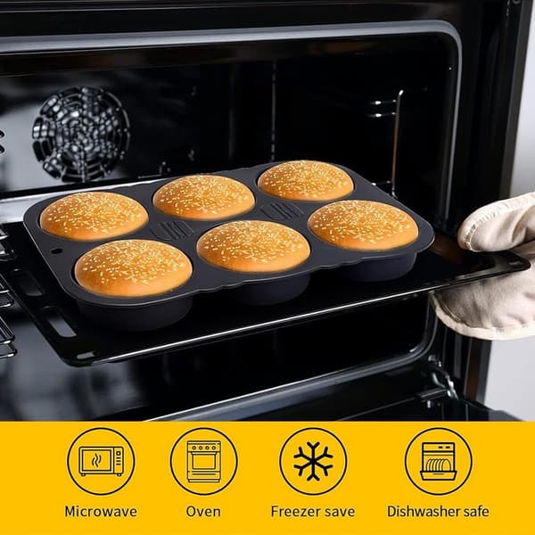 34 cm Silikoneform - Hamburgerboller - Non-stick - Varmebestandig - Form - 6 Huller - Bageplade - Hamburgere - Sort