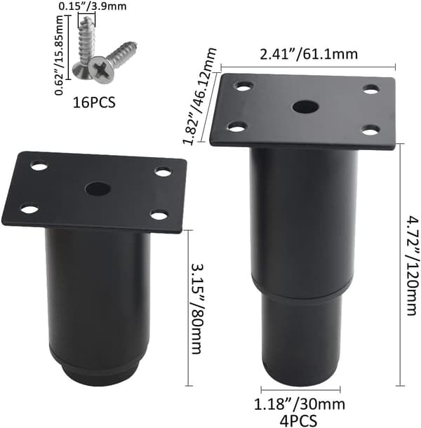 Sæt med 4 justerbare møbelben i kraftig metal til bord, seng, sofa (8-12 cm, sort)