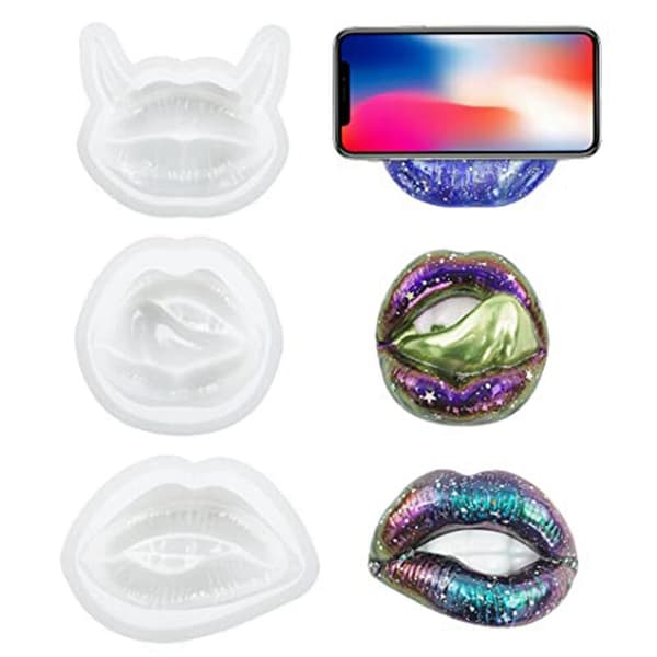 3 stk. læber harpiksform 3D telefonholder forme harpikskunstforme ornament silikone UV epoxy støbeforme, B