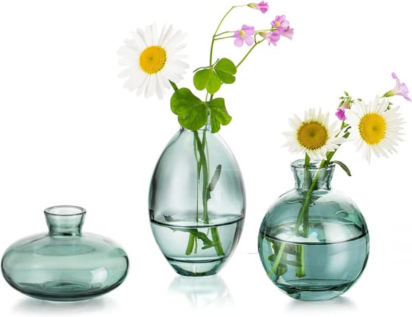 Glasvaser Set om 3, Söta Gröna Små Vasar Handgjorda, Mini Glasblomma Vas (Inkluderar Ej Blomma)