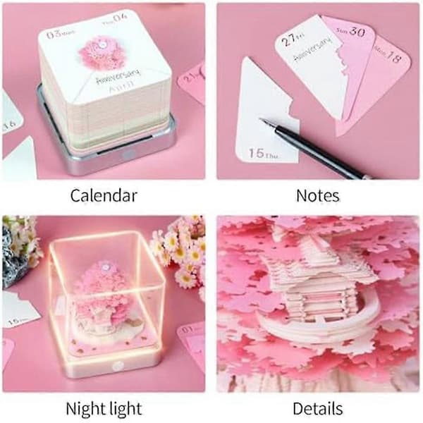 3D Notesblok-skrivebordskalender med belysning, 2024 Kalender Sakura-træ 3D Notesblok Artopad Gravering, Artis
