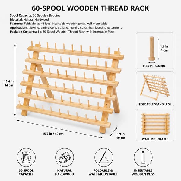 Wooden Thread Rack with 60 Spools, Foldable Sewing Thread Rack with Insertable Pegs for Embroidery, Quilting, and Hair Braiding 60 Axis 60 axis