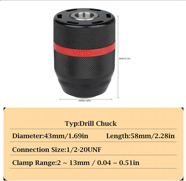 Drill Chuck, 1/2-20UNF 2~13mm Self-tightening Keyless Hand Drill Chuck Multi-function Drill Chuck