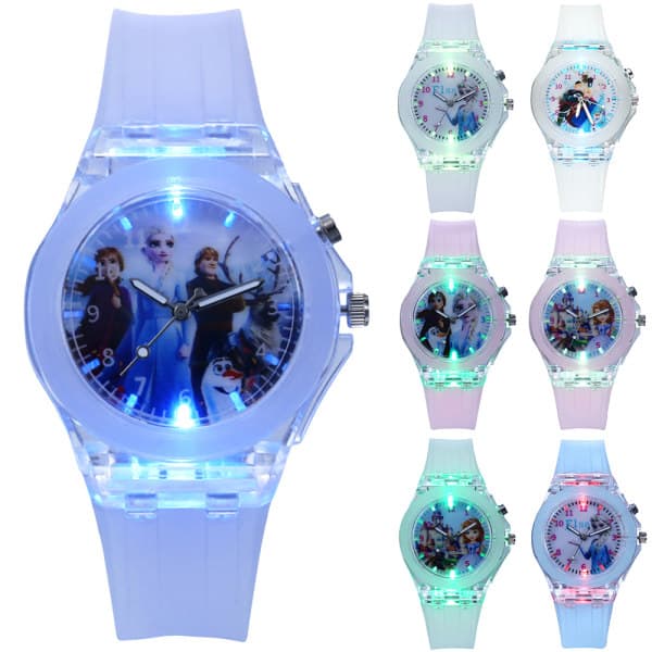 Flickor Barn Cartoon Klocka Frozen Quartz Klocka LED Flash -