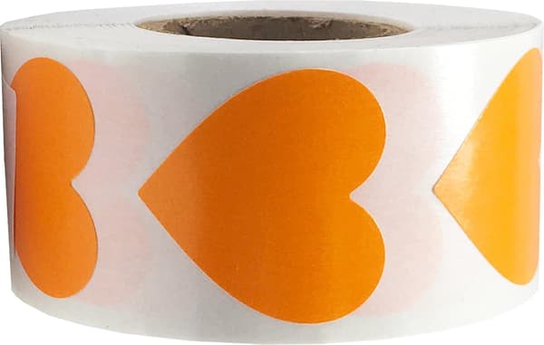 2,5 cm oranssit sydäntarrat, 500 tarraa/rulla.