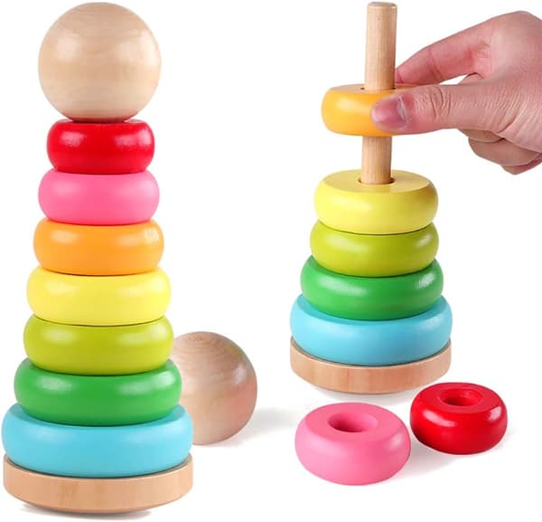 Stabelbare træringe, regnbuestabler, pædagogisk legetøj til småbørn 18 måneder 2 år gamle drenge piger, giftfri