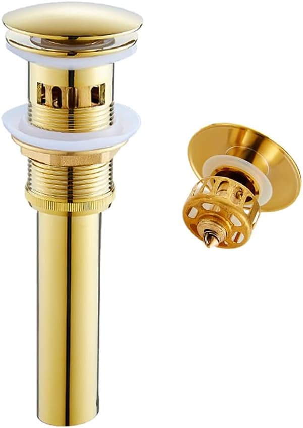 Bathroom Sink Drain with Overflow, Pop Up Drain Plug with Brushed Gold Finish and Brass Construction, Enhanced Bathroom Drain
