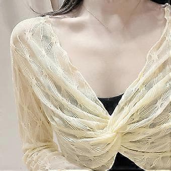 Lette gennemsigtige blondeskjorter til kvinder, langærmede åbne cardigans, tynde crop tops, bløde draperede beskårne cardigans, sort (sort)