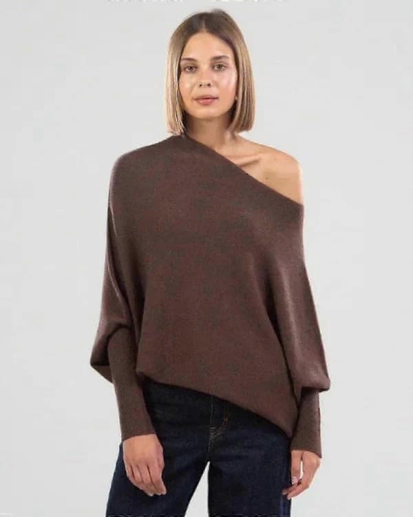 Asymmetric Draped Sweater, a Sweater Soft as Clouds, Women's Long Sleeve Loose Batwing Solid Color Soft Knitted Sweater