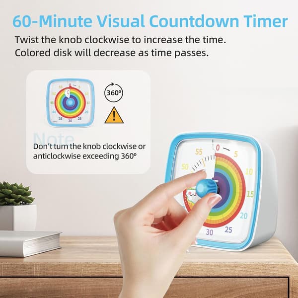 60-minutters visuel timer med natlys, nedtællingstimer til klasseværelse, hjem, køkken, kontor, Pomodoro-timer med regnbue-mønster til børn og voksne