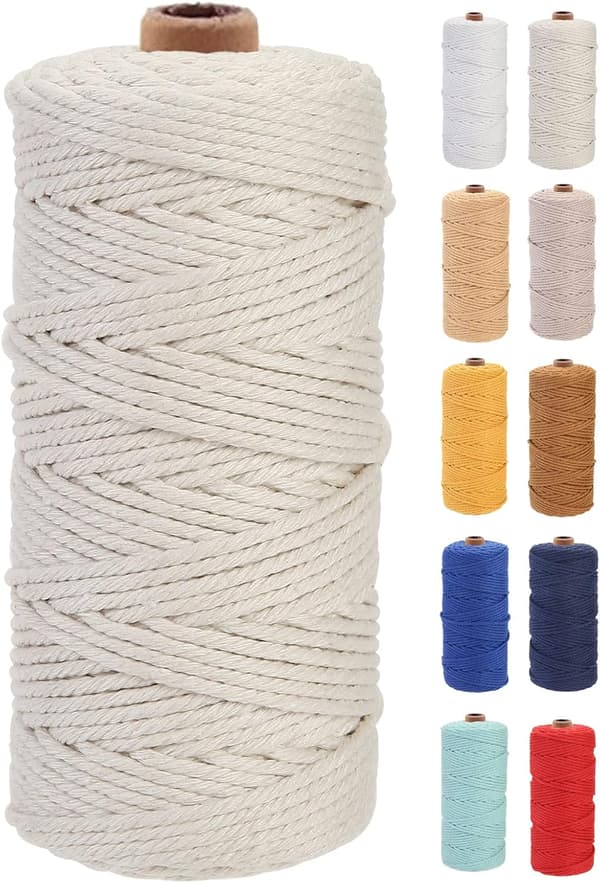 Makramé Garn 3mm x 100m Premium Bomulds Makramé Reb, 4-trådet Snoet Blødt Bomuldsreb, Et af de Mest Perfekte Materialer (Beige)