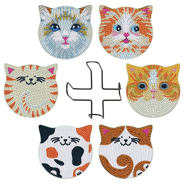 Set med 6 DIY diamantmålningsunderlägg - Katter