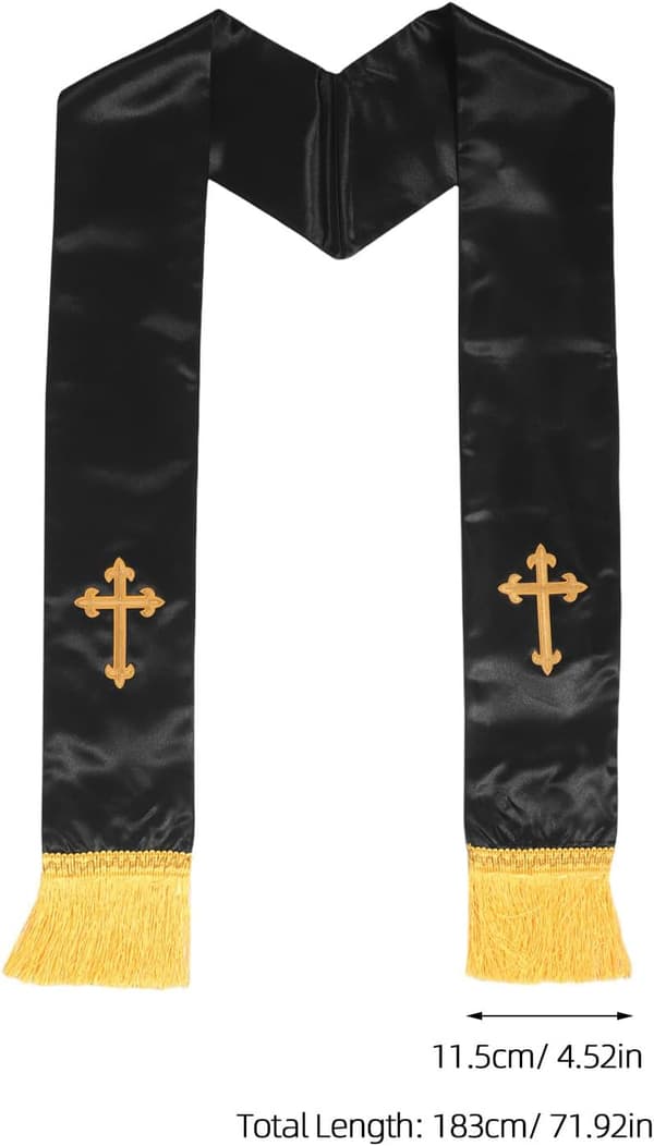 Liturgisk Stola af polyestersatin med korssting, sort -