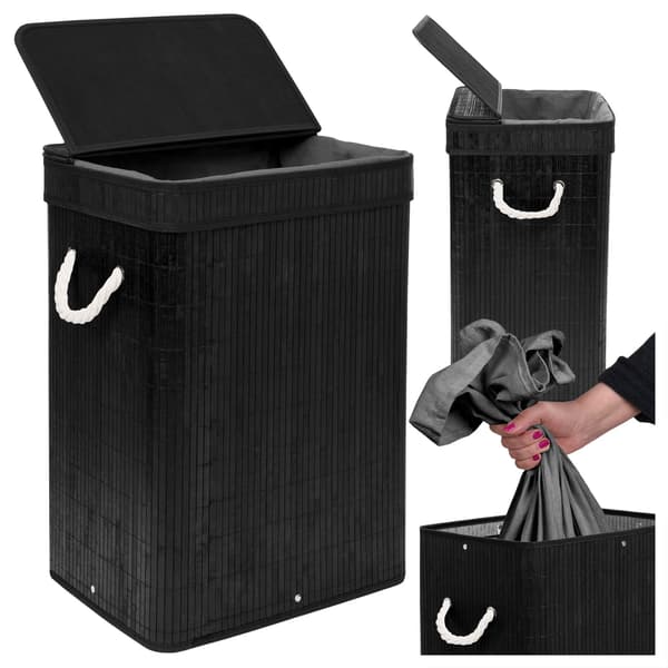 Bambu tvättkorg med lock, 80L, svart 1800