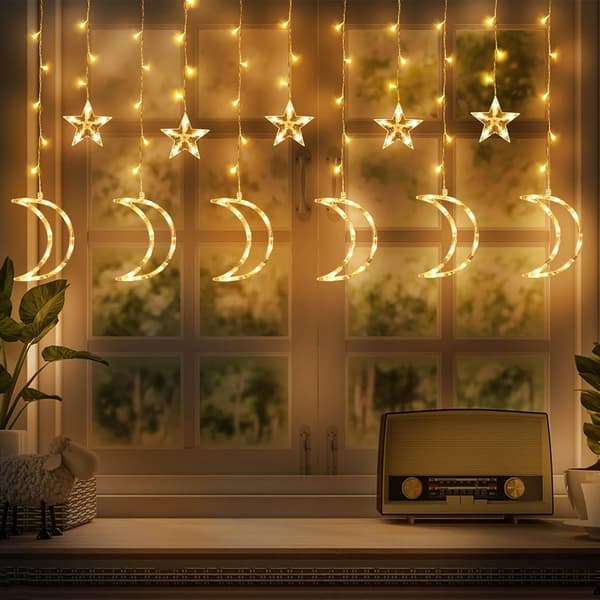 LED Stjerne Måne Gardinlys til Ramadan-dekoration, USB-drevet Eid Mubarak Feelys til indendørs, bryllup, fest, soveværelse, terrasse græs