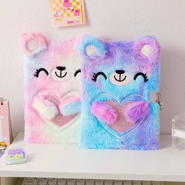 A5 tegnet bjørn med lås plysj notesbog Purple