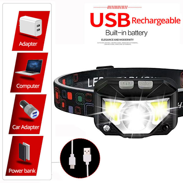 Oppladbar LED-hodelykt med bevegelsessensorfunksjon 8 moduser LED-hodelykt for utendørs camping A A