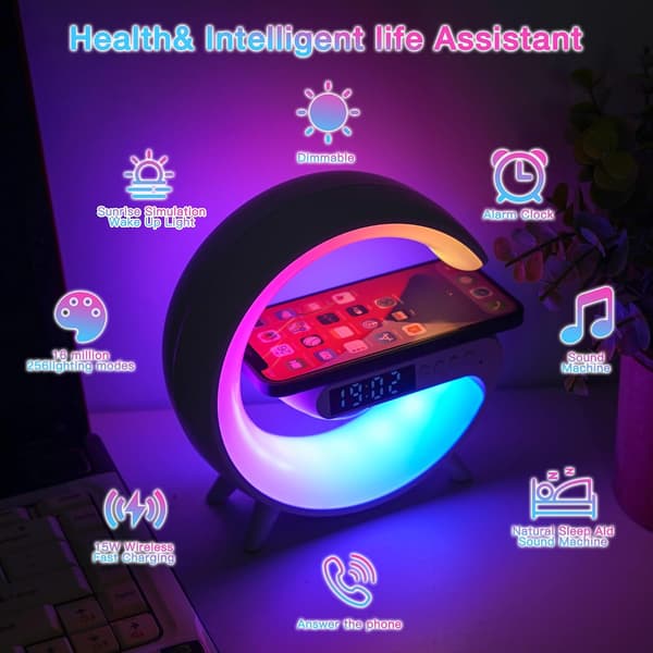Mini Wireless Speaker with Atmosphere Lighting, Wireless Charging, Alarm Clock and Bedside Lamp - Black