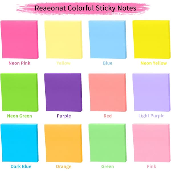 Sticky Notes, 12-pack Self-Adhesive Notes, 12 Different Colors, Self-Adhesive Memo Pads for Office, School, and Home (Square Shape)