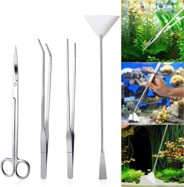4 Pcs Stainless Steel Aquarium Tools Tweezers Scissors Spatula