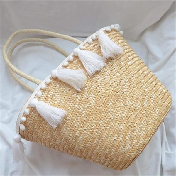 Dam Straw Handväska Blomma Vävd Sommar Strand Messenger Tote Bag Korg Shopper Plånbok-Pompong Handväska Straw Bag Kvinnor strand vävd