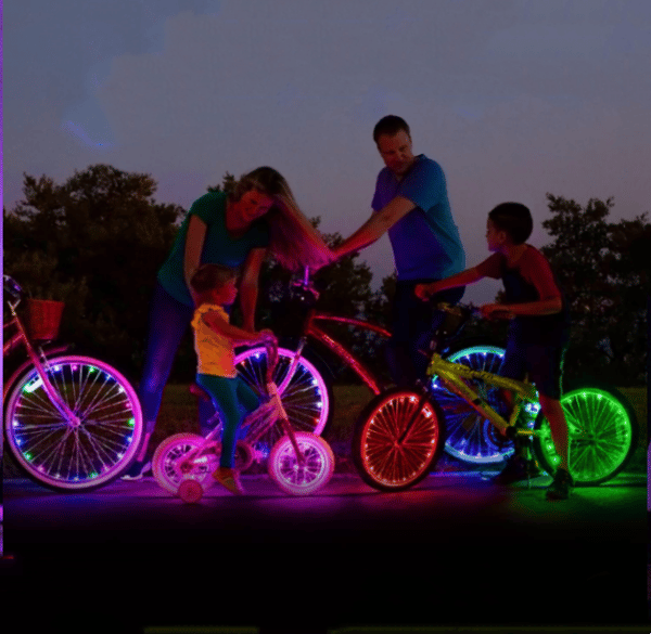 Green LED bicycle wheel lights in one piece provide brightness and v