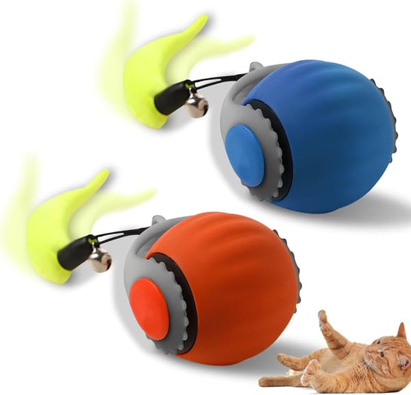 Interactive Cat Toy Automatic Rolling Ball with Tail Two Speed Adjustments Enriching Play Orange Blue