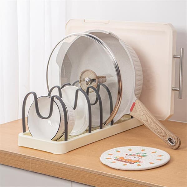 Pot and Pan Organizer for Cabinets, Kitchen Countertop Lid Holder with Adjustable Plug-in Dividers