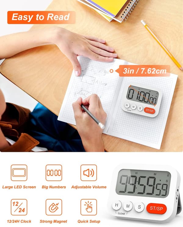 Multifunktionel digital køkkentimer med urfunktion, hurtig indstilling, 3 lydstyrkeniveauer, magnetisk bagside, foldbart stativ