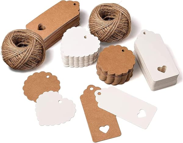 200 kraftpapir hjerteformede etiketter og 50 m jutesnor til bryllupsgaver,