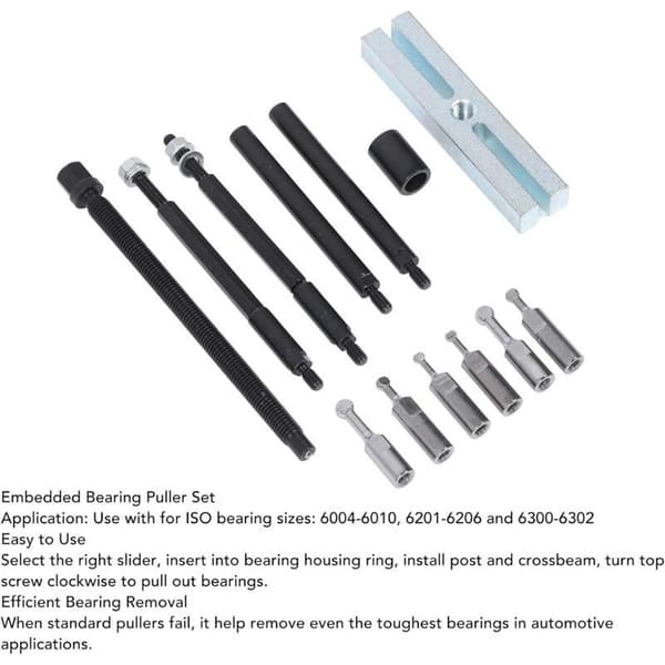 Wheel Hub Puller - Integrated Bearing Disassembly Tool Kit - Blackened Steel - ISO 6004-6302 Compatible - 2 x Extensions and 6 x Adapters