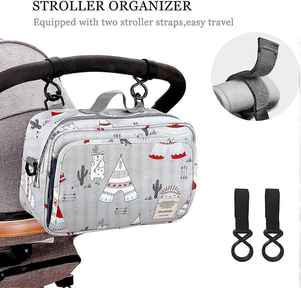 Stroller Bag & Stroller Organizer, Large Stroller Storage with Deep Cup Holder (Light Grey)