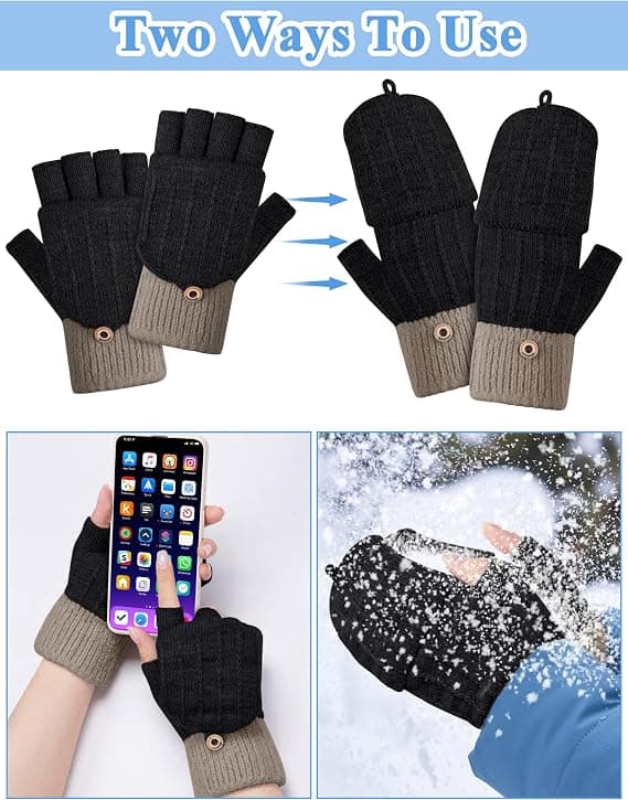 Fingerløse handsker, vinterhalvfingerhandsker med flip-top strikkede termiske handsker til mænd og kvinder