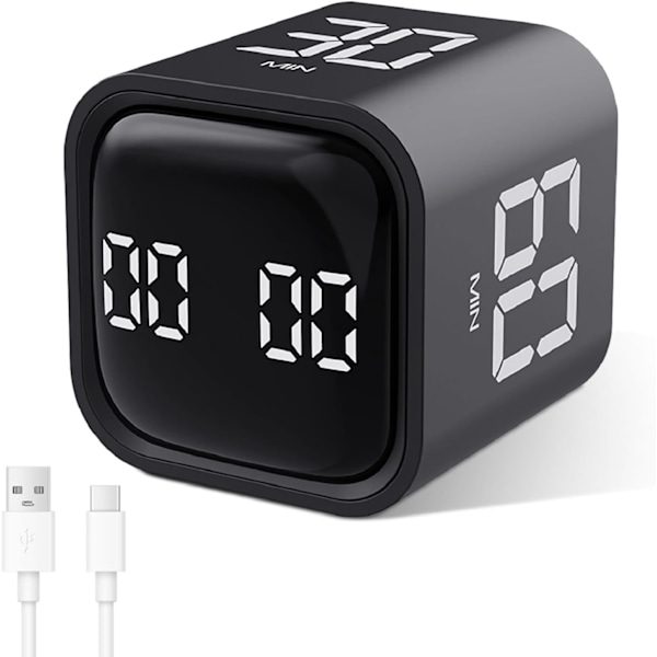 Kubtimer, Roterande Pomodoro-timer, 5/10/30/60 minuter och anpassad nedräkning, Digital timer med vibration Black