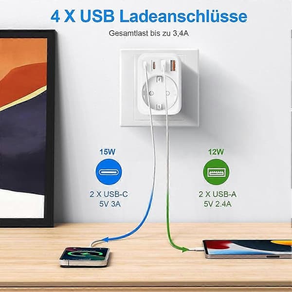 Dobbeltstik til stikkontakt, stikdåse med USB 2-vejs stikadapter (4000 W 16 A) med 2 USB A og 2 USB C EU-stik Hvid Vit