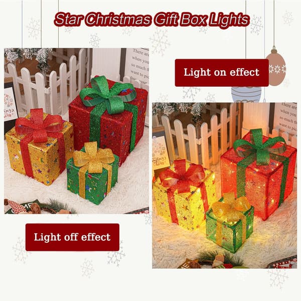 Christmas Lighted Gift Boxes, Set of 3 LED Gift Boxes, 8 Lighting Modes with 50 LEDs, IP44 Christmas Lighting Box, for Christmas Tree