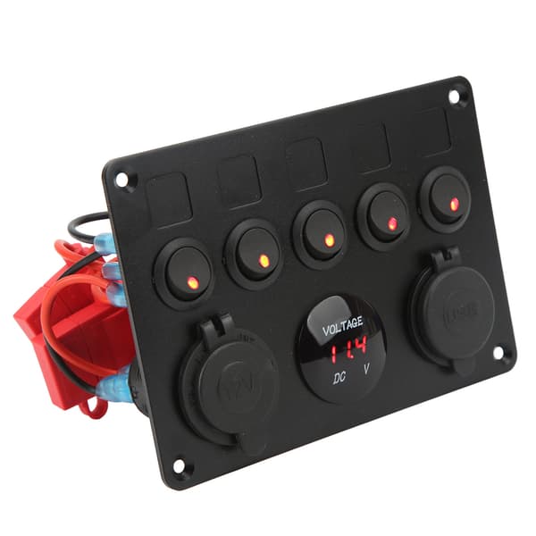 5-vejs afbryderpanel Vandtæt 12-24V LED-afbryderpanel med digital voltmeter Baggrundsbelyst til marinebåd Autocamper Trailer Lastbil Rød