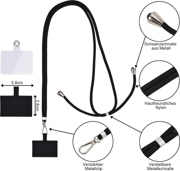 Universal Telefonledning - Kæde 2 stk Nylon Justerbar Mobilcover Sort Forhindrer Tab_yu
