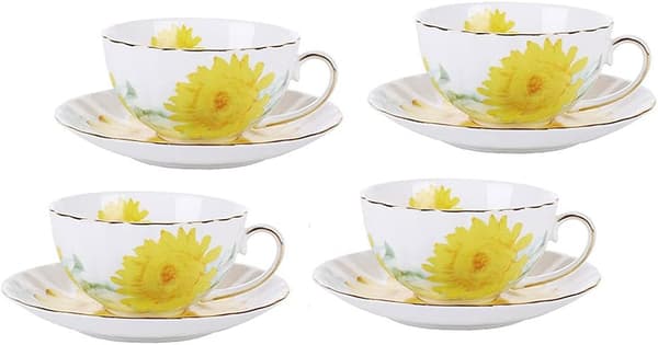 Keramisk solsikke tekoppsett kaffekrus med skål 4 stk - 4pcs